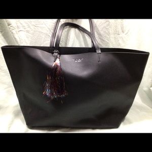 Victoria Secret Black Large Tote Bag Travel Faux Leather w/Pink Blue Gold Tassel